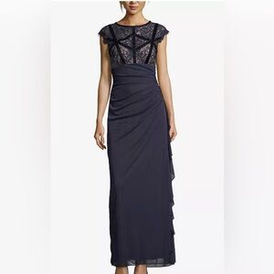 Betsy & Adam petite ruched lace-bodice gown in navy blue Size 2P